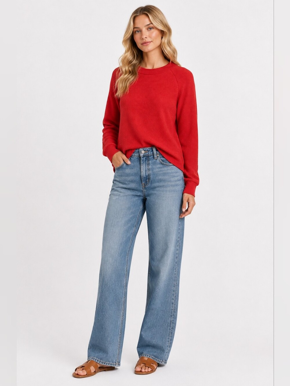 Madewell Size XS Red Crewneck Waffle Knit Thermal Sweatshirt